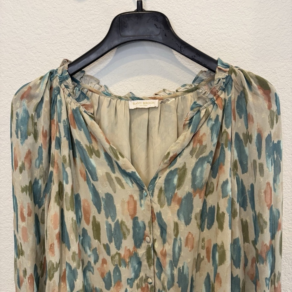 Ramy Brook Taryn Abstract Print Metallic Dot Blouse Size Medium - Picture 2 of 11